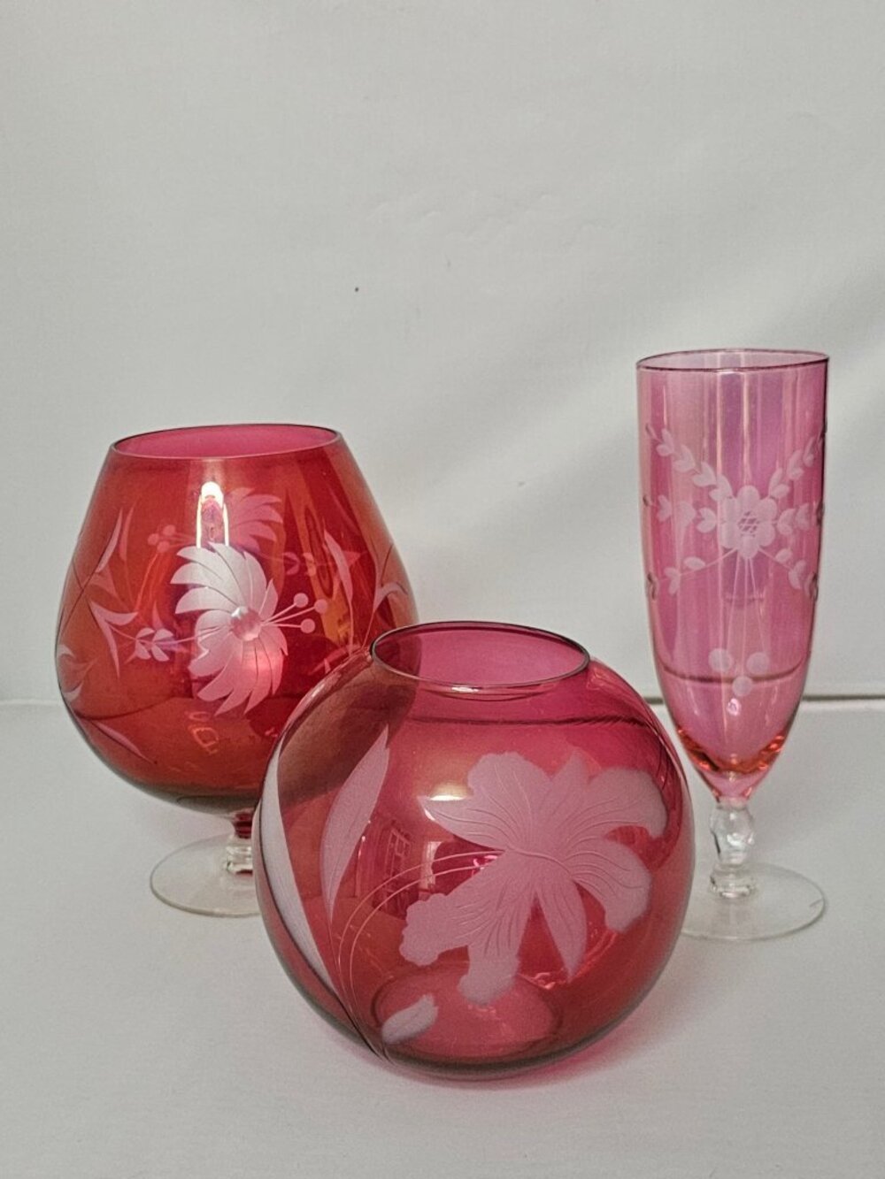 3 Cranberry Etched Floral Vase Glass vintage romantic showers weddings centerpie